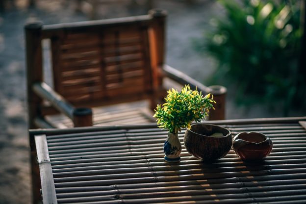 Planter og pynt står på bord i have